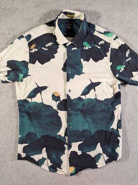Rare Rabbit Men's M Viscose Abstract Floral Bird Short Sleeve Button Up